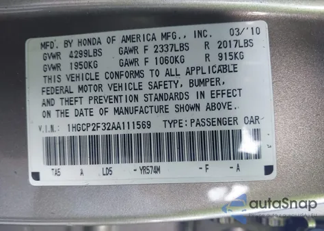 2010 Honda Accord 2.4 Lx z USA, uszkodzony, nr VIN 1HGCP2F32AA111569